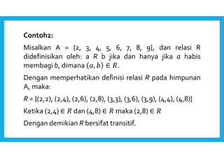 Contoh2: 
Misalkan A = {2, 3, 4, 5, 6, 7, 8, 9}, dan relasi R 
didefinisikan oleh: a R b jika dan hanya jika a habis 
membagi b, dimana ,   ∈ . 
Dengan memperhatikan definisi relasi R pada himpunan 
A, maka: 
R = {(2,2), (2,4), (2,6), (2,8), (3,3), (3,6), (3,9), (4,4), (4,8)} 
Ketika (2,4) ∈  dan (4,8) ∈  maka (2,8) ∈  
Dengan demikian R bersifat transitif. 
