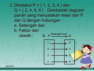 8/22/2023 10
2. Diketahui P = { 1, 2, 3, 4 } dan
Q = { 2, 4, 6, 8 } . Gambarlah diagram
panah yang menyatakan relasi dari P
dan Q dengan hubungan :
a. Setengah dari
b. Faktor dari
Jawab : a.
1
. 2
. 4
. 6
. 8
1 .
2 .
3 .
4 .
Q
P
Setengah dari
 