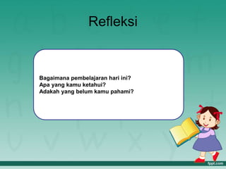 Refleksi
Bagaimana pembelajaran hari ini?
Apa yang kamu ketahui?
Adakah yang belum kamu pahami?
 