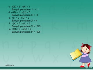 8/22/2023 31
c. n(E) = 2 , n(F) = 1
Banyak pemetaan 12 = 1
d. n(G) = 1 , n(H) = 3
Banyak pemetaan 31 = 3
e. n(I) = 2 , n(J) = 2
Banyak pemetaan 22 = 4
f. n(K) = 5 , n(L) = 3
Banyak pemetaan 35 = 243
g. n(M) = 4 , n(N) = 5
Banyak pemetaan 54 = 625
 