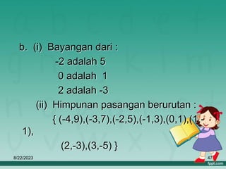 8/22/2023 47
b. (i) Bayangan dari :
-2 adalah 5
0 adalah 1
2 adalah -3
(ii) Himpunan pasangan berurutan :
{ (-4,9),(-3,7),(-2,5),(-1,3),(0,1),(1,-
1),
(2,-3),(3,-5) }
 