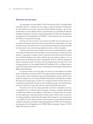62   Relatório de Atividades 2011




        Marionetes de oito patas

               Em reportagem na revista Pesquisa FAPESP de fevereiro de 2011, a jornalista Maria
        Guimarães descreve o episódio que deu origem à primeira descrição de parasitismo
        de uma aranha por uma vespa no país pelo biólogo Marcelo Gonzaga – que fez seus
        levantamentos na mata atlântica durante o pós-doutorado na Universidade Estadual de
        Campinas (Unicamp) e no período no qual foi pesquisador na UFSCar com financiamento
        do programa Jovens Pesquisadores da FAPESP – e Jober Sobczak, aluno de doutorado
        da UFSCar co-orientado por Gonzaga.
               Em busca de teias com duas a três centenas de aranhas de uma espécie que vive
        em colônias, Gonzaga e Sobczak encontraram algo ainda mais surpreendente: uma vespa
        pousada numa teia sem aranha à vista. Um excursionista desavisado provavelmente passaria
        sem dar atenção à cena, mas Gonzaga rapidamente armou a câmera fotográfica.
               O instinto estava certo: logo em seguida, uma mosca foi capturada pela teia, a aranha
        saiu da folha enrolada que lhe servia de abrigo e, antes que alcançasse a refeição do dia, foi
        atacada. A vespa agarrou a aranha e inseriu o ovipositor na boca da dona da teia, liberando
        uma substância paralisante por tempo suficiente para que pudesse grudar um ovo na
        parte posterior do abdômen da vítima. O pesquisador não tirou o dedo do obturador da
        câmera e documentou tudo. “Foi muita sorte, não imaginávamos encontrar isso”, conta
        Gonzaga, professor na Universidade Federal de Uberlândia (UFU), em Minas Gerais, e
        membro do Instituto Nacional de Ciência e Tecnologia dos Hymenoptera Parasitoides da
        Região Sudeste Brasileira.
               O encontro fortuito na serra do Japi, uma reserva de mata atlântica em Jundiaí,
        interior de São Paulo, aconteceu em 2007 e deu origem à primeira descrição de parasitismo
        de uma aranha (Araneus omnicolor) por uma vespa (Hymenoepimecis veranae) no país. Um caso
        similar fora relatado sete anos antes por William Eberhard, da Universidade da Costa Rica.
        De lá para cá Gonzaga manteve contato com o colega da América Central e descreveu o
        comportamento parasitoide, interação em que o hospedeiro sempre é morto pelo parasita,
        de mais seis espécies de vespas, duas delas até então desconhecidas pela ciência.
               Encontrar novos casos de vespas parasitoides e descrever a interação entre elas e
        os hospedeiros foi só o primeiro passo da pesquisa. Até agora, as espécies identificadas
        no Brasil foram achadas na mata atlântica, em São Paulo e no Espírito Santo. No entanto,
        isso não significa que vespas parasitoides de aranhas sejam exclusivas desse ecossistema.
        A restrição geográfica é determinada pela região onde Gonzaga fez seus levantamentos
        – ele trabalhou na mata atlântica durante o pós-doutorado na Universidade Estadual de
        Campinas (Unicamp) e no período no qual foi pesquisador na UFSCar com financiamento
        do programa Jovens Pesquisadores da FAPESP. (Maria Guimarães. Pesquisa FAPESP.
        Edição 180. Fevereiro de 2011.)
 