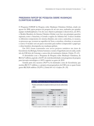 PROGRAMAS DE PESQUISA PARA INOVAÇÃO TECNOLÓGICA   115




Programa FAPESP de Pesquisa sobre Mudanças
Climáticas Globais


O Programa FAPESP de Pesquisa sobre Mudanças Climáticas Globais, criado em
agosto de 2008, apoia projetos de pesquisa de até seis anos, realizados por grandes
equipes multidisciplinares. Um dos seus objetivos principais é desenvolver, até 2013,
o Modelo Brasileiro do Sistema Climático Global, com foco nas principais questões
regionais, como a Amazônia, o Cerrado e regiões do Atlântico Sul. A meta é modelar
os diferentes componentes do sistema climático, tais como a atmosfera, os oceanos,
os processos que ocorrem na superfície da Terra, a criosfera, a biosfera, os aerossóis
e outros. O modelo será um passo necessário para melhor compreender o papel que
o clima brasileiro desempenha nas mudanças globais.
      Em 2011 foram contratados sete novos projetos temáticos nas áreas de
Geociências (4), Biologia, Ciências humanas e sociais e Engenharia (um em cada), sendo
três da USP, dois da Unicamp e outros dois de instituições federais (Tabelas 59 e 61).
      O desembolso com o Programa de Pesquisa sobre Mudanças Climáticas, de
R$ 21,67 milhões, equivale a 24,18% do total desembolsado com programas de pesquisa
para inovação tecnológica e é 603% superior ao gasto de 2010.
      Grande parte dos recursos (90,97%) foi destinado à área de Geociências, que
recebeu R$ 19,71 milhões, e a projetos de pesquisadores da USP, com os quais foram
gastos R$ 20,06 milhões (92,59%) (Tabelas 60 e 62 e Gráficos 28 e 29).




                  Tabela 59 Pesquisa sobre Mudanças Climáticas Globais (PFMCG)

                  Projetos contratados em projetos temáticos por área de conhecimento
                  - 2011

                                                                Projetos Contratados(1)
                                                             Projetos
                  Área de Conhecimento                                               Total
                                                            Temáticos
                                                       Nº               %       Nº           %
                  Biologia                              1           14,29        1           14,29
                  Ciências humanas e sociais            1           14,29        1           14,29
                  Engenharia                            1           14,29        1           14,29
                  Geociências                           4           57,14        4           57,14
                  Total                                7          100,00         7        100,00
                  (1)
                        O total de projetos contratados inclui somente contratações do ano
 