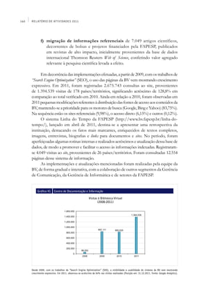 160   Relatório de Atividades 2011




      	       f) 	 migração de informações referenciais de 7.049 artigos científicos,
                   decorrentes de bolsas e projetos financiados pela FAPESP, publicados
                   em revistas de alto impacto, inicialmente provenientes da base de dados
                   internacional Thomson Reuters Web of Science, conferindo valor agregado
                   relevante à pesquisa científica levada a efeito.

            Em decorrência das implementações efetuadas, a partir de 2009, com os trabalhos de
      “Search Engine Optimization” (SEO), o uso das páginas da BV vem mostrando crescimento
      expressivo. Em 2011, foram registradas 2.675.743 consultas ao site, provenientes
      de 1.394.539 visitas de 178 países/territórios, significando acréscimo de 128,8% em
      comparação ao total verificado em 2010. Ainda em relação a 2010, foram observadas em
      2011 pequenas modificações referentes à distribuição das fontes de acesso aos conteúdos da
      BV, mantendo-se a prioridade para os motores de busca (Google, Bing e Yahoo) (83,75%).
      Na sequência estão os sites referenciais (9,98%), o acesso direto (6,15%) e outros (0,12%).
            O sistema Linha do Tempo da FAPESP (http://www.bv.fapesp.br/linha-do-
      tempo/), lançado em abril de 2011, destina-se a apresentar uma retrospectiva da
      instituição, destacando os fatos mais marcantes, enriquecidos de textos completos,
      imagens, entrevistas, biografias e links para documentos e sites. No período, foram
      aperfeiçoadas algumas rotinas internas e realizados acréscimos e atualização dessa base de
      dados, de modo a promover e facilitar o acesso às informações indexadas. Registraram-
      se 4.049 visitas ao site, provenientes de 26 países/territórios. Foram consultadas 12.554
      páginas desse sistema de informação.
            As implementações e atualizações mencionadas foram realizadas pela equipe da
      BV, de forma gradual e interativa, com a colaboração de outros segmentos da Gerência
      de Comunicação, da Gerência de Informática e de setores da FAPESP.


           Gráfico 41     Centro de Documentação e Informação

                                                          Visitas à Biblioteca Virtual
                                                                 (2008-2011)




      Desde 2009, com os trabalhos de “Search Engine Optimization” (SEO), a visibilidade e usabilidade do sistema da BV vem mostrando
      crescimento expressivo. Em 2011, observou-se acréscimo de 64% nas visitas realizadas (Posição em: 31.12.2011. Fonte: Google Analytics).
 