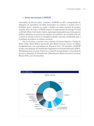 OUTRAS REALIZAÇÕES    183




	     •	 Visitas internacionais à FAPESP

Autoridades de diversos países visitaram a FAPESP em 2011, acompanhadas de
delegações de especialistas em C&T, interessados em conhecer a maneira como a
Fundação apoia a pesquisa no estado e também em fechar parcerias de pesquisa
conjunta. Em 2 de maio, a FAPESP recebeu 40 representantes do Chicago Council
on Global Affairs, dos Estados Unidos, organização independente que reúne gestores
públicos, lideranças do governo, de empresas, da academia e da sociedade civil com
a missão de discutir assuntos de abrangência global e nacional, contribuindo para a
formulação de políticas em relações exteriores.
     Em 21 de junho, o encontro com o ministro do Ensino Superior e Ciência do
Reino Unido, David Willets, promovido pelo British Council, ocorreu no Palácio
dos Bandeirantes, com a participação de 30 pessoas. Em 1o de dezembro, a FAPESP
recebeu uma delegação da Netherlands Organisation for Scientific Research (NWO).
Participaram desse encontro 60 pessoas e outras 60 acompanharam a visita oficial do
governo e delegação de Massachusetts (Massachusetts Brazil Innovation Economy
Mission 2011), em 6 de dezembro.




    Gráfico 48   Eventos

                                   Eventos - por tema
 