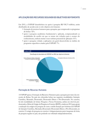 XXVII




Aplicação dos recursos segundo os objetivos do fomento


Em 2011, a FAPESP desembolsou no apoio à pesquisa R$ 938,73 milhões, assim
distribuídos de acordo com os três objetivos do fomento:
	     •	 formação de recursos humanos para a pesquisa, que compreende os programas
         de bolsas: 32%.
	     •	 apoio à pesquisa acadêmica fundamental e aplicada, compreendendo as
         modalidades de auxílio em que os temas são voltados para o avanço do
         conhecimento, embora muitas vezes tenham potencial de aplicação: 61%.
	     •	 apoio à pesquisa voltada a aplicações em geral desenvolvida no âmbito de
         programas específicos criados pela FAPESP: 7%.



        Gráfico III

                  Classificação do desembolso da FAPESP em 2011 por objetivo do fomento




Formação de Recursos Humanos

A FAPESP apoia a Formação de Recursos Humanos para a pesquisa por meio da con-
cessão de Bolsas. No país são oferecidas bolsas nas seguintes modalidades: Iniciação
Científica, Mestrado, Doutorado, Doutorado Direto e Pós-Doutorado. No exterior,
há três modalidades de bolsas: Pesquisa e Novas Fronteiras, ambas em nível de pós-
doutorado, e Bolsa de Estágio de Pesquisa no Exterior (BEPE), criada em 2011 para apoiar
a realização de estágios de pesquisa de curta e média duração por bolsistas da FAPESP
de Iniciação Científica, Mestrado, Doutorado/Doutorado Direto e Pós-Doutorado, no
exterior. O estágio de pesquisa no exterior é obrigatoriamente parte integrante de bolsa
de pesquisa regular no país, não podendo ser solicitado independentemente.
 