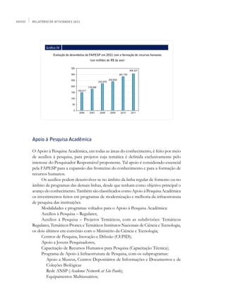 XXVIII   Relatório de Atividades 2011




                 Gráfico IV

                      Evolução do desembolso da FAPESP em 2011 com a formação de recursos humanos
                                               (em milhões de R$ do ano)




         Apoio à Pesquisa Acadêmica

         O Apoio à Pesquisa Acadêmica, em todas as áreas do conhecimento, é feito por meio
         de auxílios à pesquisa, para projetos cuja temática é definida exclusivamente pelo
         interesse do Pesquisador Responsável proponente. Tal apoio é considerado essencial
         pela FAPESP para a expansão das fronteiras do conhecimento e para a formação de
         recursos humanos.
               Os auxílios podem desenvolver-se no âmbito da linha regular de fomento ou no
         âmbito de programas das demais linhas, desde que tenham como objetivo principal o
         avanço do conhecimento. Também são classificados como Apoio à Pesquisa Acadêmica
         os investimentos feitos em programas de modernização e melhoria da infraestrutura
         de pesquisa das instituições.
               Modalidades e programas voltados para o Apoio à Pesquisa Acadêmica:
               Auxílios à Pesquisa – Regulares;
               Auxílios à Pesquisa – Projetos Temáticos, com as subdivisões: Temáticos
         Regulares, Temáticos Pronex e Temáticos Institutos Nacionais de Ciência e Tecnologia,
         os dois últimos em convênio com o Ministério da Ciência e Tecnologia;
               Centros de Pesquisa, Inovação e Difusão (CEPID);
               Apoio a Jovens Pesquisadores;
               Capacitação de Recursos Humanos para Pesquisa (Capacitação Técnica);
               Programa de Apoio à Infraestrutura de Pesquisa, com os subprogramas:
                 Apoio a Museus, Centros Depositários de Informações e Documentos e de
                 Coleções Biológicas
                 Rede ANSP (Academic Network at São Paulo);
                 Equipamentos Multiusuários;
 
