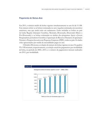 APLICAÇÃO DOS RECURSOS SEGUNDO OS OBJETIVOS DO FOMENTO   XXXVII




Pagamento de Bolsas-Ano


Em 2011, o número médio de bolsas vigentes simultaneamente no ano foi de 11.188.
Este número refere-se às bolsas contratadas no ano e àquelas contratadas em exercícios
anteriores, mas que ainda estão em andamento. Estão incluídas as bolsas no país
da Linha Regular (Iniciação Científica, Mestrado, Doutorado, Doutorado Direto e
Pós-Doutorado) e as bolsas contratadas no âmbito dos programas Apoio a Jovens
Pesquisadores, Jornalismo Científico, Capacitação de Recursos Humanos (Capacitação
Técnica) e Pesquisa Inovativa nas Pequenas Empresas (PIPE), todas no país. Os dados
estão apresentados por média de mensalidades pagas no ano.
     O Gráfico IX mostra a evolução do número de bolsas vigentes no ano. Os quadros
VI e VII mostram, respectivamente, a evolução anual dos pagamentos por modalidade
de bolsa, no período de 2006 a 2011, e o número de pagamentos mensais realizados
em 2011, por modalidade.




        Gráfico IX

                     Evolução do número de bolsas vigentes no ano* – 2006 a 2011
 