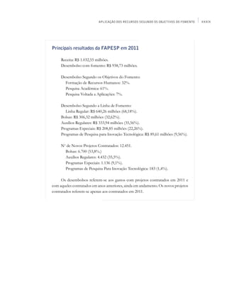 APLICAÇÃO DOS RECURSOS SEGUNDO OS OBJETIVOS DO FOMENTO   XXXIX




Principais resultados da FAPESP em 2011

     Receita: R$ 1.032,55 milhões.
     Desembolso com fomento: R$ 938,73 milhões.

     Desembolso Segundo os Objetivos do Fomento:
     	 Formação de Recursos Humanos: 32%.
     	 Pesquisa Acadêmica: 61%.
     	 Pesquisa Voltada a Aplicações: 7%.

     Desembolso Segundo a Linha de Fomento:
     	 Linha Regular: R$ 640,26 milhões (68,18%).
     Bolsas: R$ 306,32 milhões (32,62%).
     Auxílios Regulares: R$ 333,94 milhões (35,56%).
     Programas Especiais: R$ 208,85 milhões (22,26%).
     Programas de Pesquisa para Inovação Tecnológica: R$ 89,61 milhões (9,56%).

     No de Novos Projetos Contratados: 12.451.
     	 Bolsas: 6.700 (53,8%.)
     	 Auxílios Regulares: 4.432 (35,5%).
     	 Programas Especiais: 1.136 (9,1%).
     	 Programas de Pesquisa Para Inovação Tecnológica: 183 (1,4%).

     Os desembolsos referem-se aos gastos com projetos contratados em 2011 e
com aqueles contratados em anos anteriores, ainda em andamento. Os novos projetos
contratados referem-se apenas aos contratados em 2011.
 