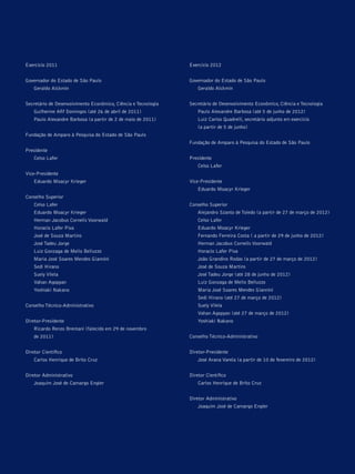 Exercício 2011                                                  Exercício 2012


Governador do Estado de São Paulo                               Governador do Estado de São Paulo
	   Geraldo Alckmin                                             	   Geraldo Alckmin


Secretário de Desenvolvimento Econômico, Ciência e Tecnologia   Secretário de Desenvolvimento Econômico, Ciência e Tecnologia
	   Guilherme Afif Domingos (até 26 de abril de 2011)           	   Paulo Alexandre Barbosa (até 5 de junho de 2012)
	   Paulo Alexandre Barbosa (a partir de 2 de maio de 2011)     	   Luiz Carlos Quadrelli, secretário adjunto em exercício
                                                                	   (a partir de 5 de junho)
Fundação de Amparo à Pesquisa do Estado de São Paulo
                                                                Fundação de Amparo à Pesquisa do Estado de São Paulo
Presidente
	   Celso Lafer                                                 Presidente
                                                                	   Celso Lafer
Vice-Presidente
	   Eduardo Moacyr Krieger                                      Vice-Presidente
                                                                	   Eduardo Moacyr Krieger
Conselho Superior
	   Celso Lafer                                                 Conselho Superior
	   Eduardo Moacyr Krieger                                      	   Alejandro Szanto de Toledo (a partir de 27 de março de 2012)
	   Herman Jacobus Cornelis Voorwald                            	   Celso Lafer
	   Horacio Lafer Piva                                          	   Eduardo Moacyr Krieger
	   José de Souza Martins                                       	   Fernando Ferreira Costa ( a partir de 29 de junho de 2012)
	   José Tadeu Jorge                                            	   Herman Jacobus Cornelis Voorwald
	   Luiz Gonzaga de Mello Belluzzo                              	   Horacio Lafer Piva
	   Maria José Soares Mendes Giannini                           	   João Grandino Rodas (a partir de 27 de março de 2012)
	   Sedi Hirano                                                 	   José de Souza Martins
	   Suely Vilela                                                	   José Tadeu Jorge (até 28 de junho de 2012)
	   Vahan Agopyan                                               	   Luiz Gonzaga de Mello Belluzzo
	   Yoshiaki Nakano                                             	   Maria José Soares Mendes Giannini
                                                                	   Sedi Hirano (até 27 de março de 2012)
Conselho Técnico-Administrativo                                 	   Suely Vilela
                                                                	   Vahan Agopyan (até 27 de março de 2012)
Diretor-Presidente                                              	   Yoshiaki Nakano
	   Ricardo Renzo Brentani (falecido em 29 de novembro
	   de 2011)                                                    Conselho Técnico-Administrativo


Diretor Científico                                              Diretor-Presidente
	   Carlos Henrique de Brito Cruz                               	   José Arana Varela (a partir de 10 de fevereiro de 2012)


Diretor Administrativo                                          Diretor Científico
	   Joaquim José de Camargo Engler                              	   Carlos Henrique de Brito Cruz


                                                                Diretor Administrativo
                                                                	   Joaquim José de Camargo Engler
 
