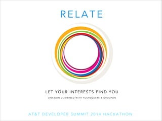 RELATE

LET YOUR INTERESTS FIND YOU
LINKEDIN COMBINED WITH FOURSQUARE & GROUPON

AT&T DEVELOPER SUMMIT 2014 HACKATHON

 