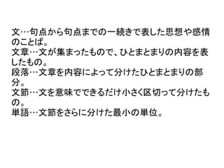 文…句点から句点までの一続きで表した思想や感情
のことば。
文章…文が集まったもので、ひとまとまりの内容を表
したもの。
段落…文章を内容によって分けたひとまとまりの部
分。
文節…文を意味でできるだけ小さく区切って分けたも
の。
単語…文節をさらに分けた最小の単位。
 