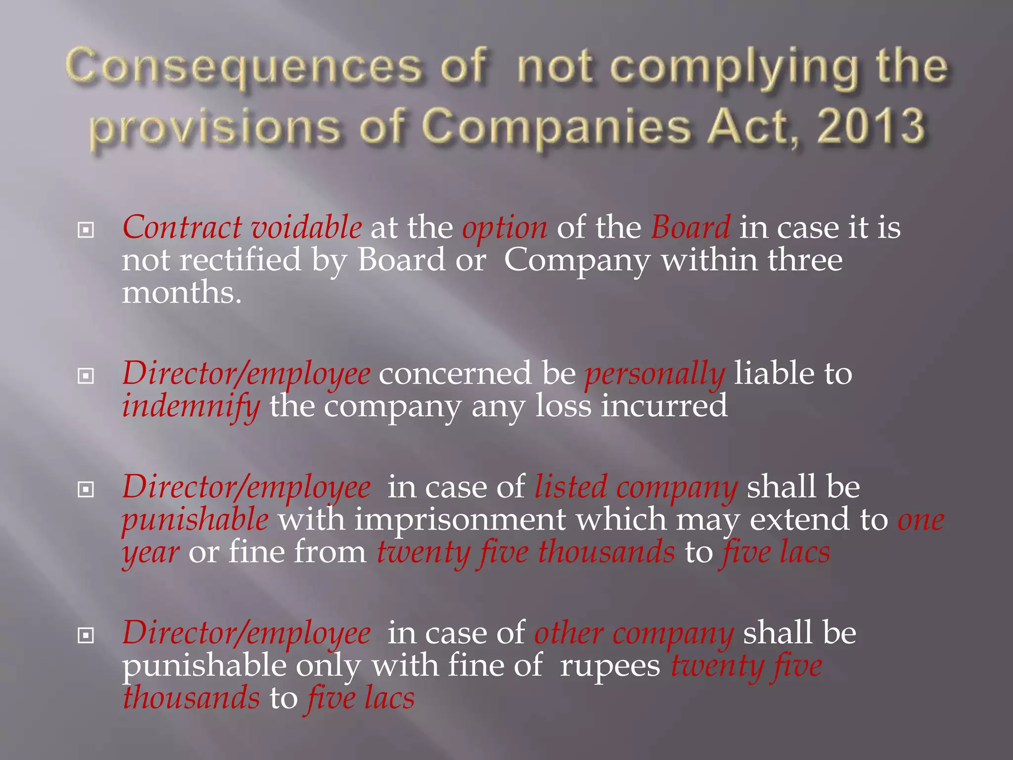  Contract voidable at the option of the Board in case it is
not rectified by Board or Company within three
months.
 Director/employee concerned be personally liable to
indemnify the company any loss incurred
 Director/employee in case of listed company shall be
punishable with imprisonment which may extend to one
year or fine from twenty five thousands to five lacs
 Director/employee in case of other company shall be
punishable only with fine of rupees twenty five
thousands to five lacs
 