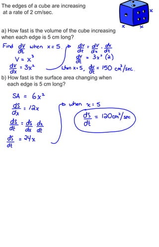 The edges of a cube are increasing
at a rate of 2 cm/sec.


a) How fast is the volume of the cube increasing
when each edge is 5 cm long?




b) How fast is the surface area changing when
   each edge is 5 cm long?
 