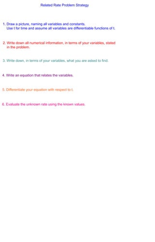 Related Rate Problem Strategy




1. Draw a picture, naming all variables and constants.
   Use t for time and assume all variables are differentiable functions of t.



2. Write down all numerical information, in terms of your variables, stated
   in the problem.


3. Write down, in terms of your variables, what you are asked to find.



4. Write an equation that relates the variables.



5. Differentiate your equation with respect to t.



6. Evaluate the unknown rate using the known values.
 