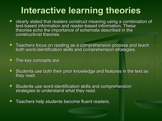 Interactive learning theoriesInteractive learning theories
 clearly stated that readers construct meaning using a combination ofclearly stated that readers construct meaning using a combination of
text-based information and reader-based information. Thesetext-based information and reader-based information. These
theories echo the importance of schemata described in thetheories echo the importance of schemata described in the
constructivist theories.constructivist theories.
 Teachers focus on reading as a comprehension process and teachTeachers focus on reading as a comprehension process and teach
both word-identification skills and comprehension strategies.both word-identification skills and comprehension strategies.
 The key concepts are:The key concepts are:
 Students use both their prior knowledge and features in the text asStudents use both their prior knowledge and features in the text as
they read.they read.
 Students use word-identification skills and comprehensionStudents use word-identification skills and comprehension
strategies to understand what they read.strategies to understand what they read.
 Teachers help students become fluent readers.Teachers help students become fluent readers.
 
