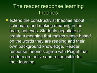 The reader response learningThe reader response learning
theoriestheories
 extend the constructivist theories aboutextend the constructivist theories about
schemata, and making meaning in theschemata, and making meaning in the
brain, not eyes. Students negotiate orbrain, not eyes. Students negotiate or
create a meaning that makes sense basedcreate a meaning that makes sense based
on the words they are reading and theiron the words they are reading and their
own background knowledge. Readerown background knowledge. Reader
response theorists agree with Piaget thatresponse theorists agree with Piaget that
readers are active and responsible forreaders are active and responsible for
their learning.their learning.
 