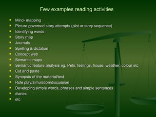 Few examples reading activitiesFew examples reading activities
 Mind- mappingMind- mapping
 Picture governed story attempts (plot or story sequence)Picture governed story attempts (plot or story sequence)
 Identifying wordsIdentifying words
 Story mapStory map
 JournalsJournals
 Spelling & dictationSpelling & dictation
 Concept webConcept web
 Semantic mapsSemantic maps
 Semantic feature analysis eg. Pets, feelings, house, weather, colour etcSemantic feature analysis eg. Pets, feelings, house, weather, colour etc
 Cut and pasteCut and paste
 Synopsis of the material/textSynopsis of the material/text
 Role play/simulation/discussionRole play/simulation/discussion
 Developing simple words, phrases and simple sentencesDeveloping simple words, phrases and simple sentences
 diariesdiaries
 etcetc
 