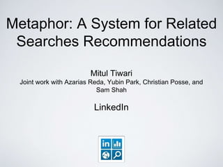 Metaphor: A System for Related
Searches Recommendations
Mitul Tiwari
Joint work with Azarias Reda, Yubin Park, Christian Posse, and
Sam Shah
LinkedIn
 