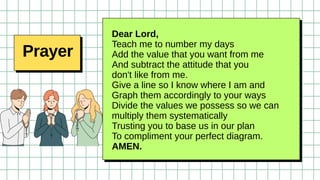 Prayer
Dear Lord,
Teach me to number my days
Add the value that you want from me
And subtract the attitude that you
don't like from me.
Give a line so I know where I am and
Graph them accordingly to your ways
Divide the values we possess so we can
multiply them systematically
Trusting you to base us in our plan
To compliment your perfect diagram.
AMEN.
 