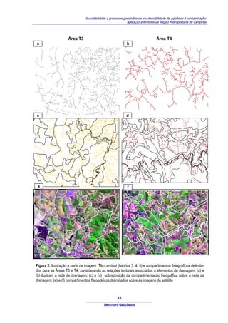 Suscetibilidade a processos geodinâmicos e vulnerabilidade de aqüíferos à contaminação:
                                                             aplicação a terrenos da Região Metropolitana de Campinas




                    Área T3                                                       Área T4
a                                                           b




c                                                           d




 e                                                           f




Figura 2. Ilustração a partir de imagem TM-Landsat (bandas 3, 4, 5) e compartimentos fisiográficos delimita-
dos para as Áreas T3 e T4, considerando as relações texturais associadas a elementos de drenagem. (a) e
(b) ilustram a rede de drenagem; (c) e (d) sobreposição da compartimentação fisiográfica sobre a rede de
drenagem; (e) e (f) compartimentos fisiográficos delimitados sobre as imagens de satélite



                                                      11

                                            INSTITUTO GEOLÓGICO
 