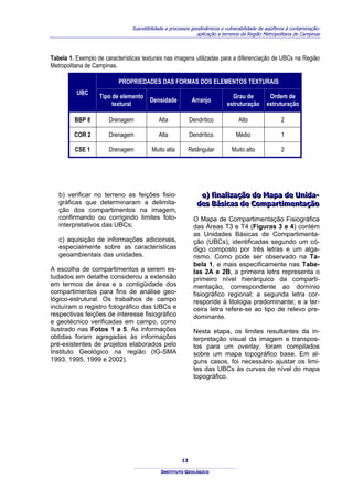 Suscetibilidade a processos geodinâmicos e vulnerabilidade de aqüíferos à contaminação:
                                                              aplicação a terrenos da Região Metropolitana de Campinas



Tabela 1. Exemplo de características texturais nas imagens utilizadas para a diferenciação de UBCs na Região
Metropolitana de Campinas.

                           PROPRIEDADES DAS FORMAS DOS ELEMENTOS TEXTURAIS
          UBC
                   Tipo de elemento                                           Grau de          Ordem de
                                    Densidade                Arranjo
                        textural                                            estruturação      estruturação

         BBP 8         Drenagem             Alta            Dendrítico           Alto                2

         COR 2         Drenagem             Alta            Dendrítico          Médio                1

         CSE 1         Drenagem          Muito alta         Retângular        Muito alto             2




   b) verificar no terreno as feições fisio-                    e) fiinalliização do Mapa de Uniida-
                                                                e) f na zação do Mapa de Un da-
   gráficas que determinaram a delimita-                       des Básiicas de Compartiimentação
                                                               des Bás cas de Compart mentação
   ção dos compartimentos na imagem,
   confirmando ou corrigindo limites foto-                   O Mapa de Compartimentação Fisiográfica
   interpretativos das UBCs;                                 das Áreas T3 e T4 (Figuras 3 e 4) contém
                                                             as Unidades Básicas de Compartimenta-
   c) aquisição de informações adicionais,                   ção (UBCs), identificadas segundo um có-
   especialmente sobre as características                    digo composto por três letras e um alga-
   geoambientais das unidades.                               rismo. Como pode ser observado na Ta-
                                                             bela 1, e mais especificamente nas Tabe-
A escolha de compartimentos a serem es-                      las 2A e 2B, a primeira letra representa o
tudados em detalhe considerou a extensão                     primeiro nível hierárquico da comparti-
em termos de área e a contigüidade dos                       mentação, correspondente ao domínio
compartimentos para fins de análise geo-                     fisiográfico regional; a segunda letra cor-
lógico-estrutural. Os trabalhos de campo                     responde à litologia predominante; e a ter-
incluíram o registro fotográfico das UBCs e                  ceira letra refere-se ao tipo de relevo pre-
respectivas feições de interesse fisiográfico                dominante.
e geotécnico verificadas em campo, como
ilustrado nas Fotos 1 a 5. As informações                    Nesta etapa, os limites resultantes da in-
obtidas foram agregadas às informações                       terpretação visual da imagem e transpos-
pré-existentes de projetos elaborados pelo                   tos para um overlay, foram compilados
Instituto Geológico na região (IG-SMA                        sobre um mapa topográfico base. Em al-
1993, 1995, 1999 e 2002).                                    guns casos, foi necessário ajustar os limi-
                                                             tes das UBCs às curvas de nível do mapa
                                                             topográfico.




                                                       13

                                             INSTITUTO GEOLÓGICO
 