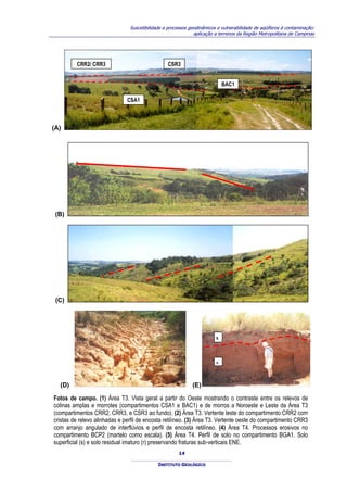 Suscetibilidade a processos geodinâmicos e vulnerabilidade de aqüíferos à contaminação:
                                                              aplicação a terrenos da Região Metropolitana de Campinas




         CRR2/ CRR3                              CSR3


                                                                            BAC1

                               CSA1



(A)




 (B)




 (C)




                                                                        s



                                                                        r


  (D)                                                        (E)

Fotos de campo. (1) Área T3. Vista geral a partir do Oeste mostrando o contraste entre os relevos de
colinas amplas e morrotes (compartimentos CSA1 e BAC1) e de morros a Noroeste e Leste da Área T3
(compartimentos CRR2, CRR3, e CSR3 ao fundo). (2) Área T3. Vertente leste do compartimento CRR2 com
cristas de relevo alinhadas e perfil de encosta retilíneo. (3) Área T3. Vertente oeste do compartimento CRR3
com arranjo angulado de interflúvios e perfil de encosta retilíneo. (4) Área T4. Processos erosivos no
compartimento BCP2 (martelo como escala). (5) Área T4. Perfil de solo no compartimento BGA1. Solo
superficial (s) e solo residual imaturo (r) preservando fraturas sub-verticais ENE.
                                                       14

                                             INSTITUTO GEOLÓGICO
 
