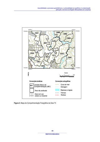 Suscetibilidade a processos geodinâmicos e vulnerabilidade de aqüíferos à contaminação:
                                                                          aplicação a terrenos da Região Metropolitana de Campinas




                          292.000 m                                                                         302.000 m
            7.478.000 m                                                                                              7.478.000 m

                                        CSA1
                                        CSA1                                CRR5
                                                                            CRR5
                                                                                              CRR2
                                                                                              CRR2

                                                                                                    CRR3
                                                                                                    CRR3
                                                                    CLR3
                                                                    CLR3
                                                       BAC1
                                                       BAC1




                             CSA2
                             CSA2                                                     COC3
                                                                                      COC3    ATI
                                                                                              BAI
                                                                     CLT1
                                                                     CLT1                     A

                                                           CLC1
                                                           CLC1                                      CSR3
                                                                                                     CSR3
                                      RIB
                                      EIR
                                      AO
                                                                                        RIO

                                            CNC1
                                            CNC1

                                              DAS   CNC2
                                                    CNC2                                                         80
                                                      ANHUMAS
            7.470.000 m                                                                                          0      7.470.000 m
                          292.000 m                                                                         302.000 m


                                                                                               Escala
                                                                                  1           0         1      2 Km




                            Convenções temáticas                         Convenções cartográficas

                                      Unidade Básica de                               Curva de nível
                             BAC1
                             BAC1
                                      Compartimentação (UBC)                          Drenagem
                                        Área não analisada
                                        Áreanão analisada
                                        Área não analisada                            Represas e lagoas
                                                                                      Ferrovia
                                        Área com uso
                                                                                      Rodovia
                                        urbano ou industrial



Figura 3. Mapa de Compartimentação Fisiográfica da Área T3




                                                                    15

                                                            INSTITUTO GEOLÓGICO
 