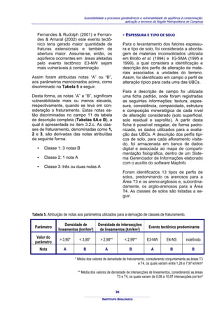 Suscetibilidade a processos geodinâmicos e vulnerabilidade de aqüíferos à contaminação:
                                                                aplicação a terrenos da Região Metropolitana de Campinas



   Fernandes & Rudolph (2001) e Fernan-                       - ESPESSURA E TIPO DE SOLO
   des & Amaral (2002) este evento tectô-
   nico teria gerado maior quantidade de                      Para o levantamento dos fatores espessu-
   fraturas extensionais e também de                          ra e tipo de solo, foi considerada a aborda-
   abertura maior. Assume-se, então, os                       gem de materiais inconsolidados utilizada
   aqüíferos ocorrentes em áreas afetadas                     em Brollo et al. (1994) e IG-SMA (1995 e
   pelo evento tectônico E3-NW sejam                          1999), a qual considera a identificação e
   mais vulneráveis à contaminação                            descrição dos perfis de alteração de mate-
                                                              riais associados a unidades do terreno.
Assim foram atribuidas notas “A” ou “B”,                      Assim, foi identificado em campo o perfil de
aos parâmetros mencionados acima, como                        alteração típico para cada uma das UBCs.
discriminado na Tabela 5 a seguir.
                                                              Para a descrição de campo foi utilizada
Desta forma, as notas “A” e “B”, significam                   uma ficha padrão, onde foram registradas
vulnerabilidade mais ou menos elevada,                        as seguintes informações: textura, espes-
respectivamente, quando se leva em con-                       sura, consistência, compacidade, estrutura
sideração o fraturamento. Estas notas es-                     e composição mineralógica de cada nível
tão discriminadas no campo 11 da tabela                       de alteração considerado (solo superficial,
de descrição completa (Tabelas 6A e B), a                     solo residual e saprolito). A partir desta
qual é apresentada no item 3.2.c. As clas-                    ficha é possível resgatar, de forma padro-
ses de fraturamento, denominadas como 1,                      nizada, os dados utilizados para a avalia-
2 e 3, são derivadas das notas atribuídas                     ção das UBCs. A descrição dos perfis típi-
da seguinte forma:                                            cos de solo, para cada afloramento visita-
                                                              do, foi armazenada em banco de dados
   ▪     Classe 1: 3 notas B                                  digital e associada ao mapa de comparti-
                                                              mentação fisiográfica, dentro de um Siste-
   ▪     Classe 2: 1 nota A                                   ma Gerenciador de Informações elaborado
                                                              com o auxílio do software MapInfo
   ▪     Classe 3: três ou duas notas A
                                                              Foram identificados 13 tipos de perfis de
                                                              solos, predominando os arenosos para a
                                                              Área T3 e os areno-argilosos e, subordina-
                                                              damente, os argilo-arenosos para a Área
                                                              T4. As classes de solos são listadas a se-
                                                              guir.



Tabela 5. Atribuição de notas aos parâmetros utilizados para a derivação de classes de fraturamento.

                     Densidade de           Densidade de intersecções
 Parâmetro                                                                       Evento tectônico predominante
                 lineamentos (km/km2)        de lineamentos (km/km2)
  Valor do
                 > 3,90*       < 3,90*        > 2,99**         < 2,99**         E3-NW         E4-NS         indefinido
 parâmetro
       Nota         A             B              A                 B               A             B               B

                            * Média dos valores de densidade de fraturamento, considerando conjuntamente as áreas T3
                                                                        e T4, os quais variam entre 1,26 e 7,97 km/km²

                             ** Média dos valores de densidade de intersecções de lineamentos, considerando as áreas
                                                        T3 e T4, os quais variam de 0,06 a 10,97 intersecções por km²



                                                         26

                                               INSTITUTO GEOLÓGICO
 