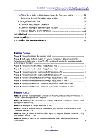 Suscetibilidade a processos geodinâmicos e vulnerabilidade de aqüíferos à contaminação:
                                                                        aplicação a terrenos da Região Metropolitana de Campinas



        b) Obtenção de dados e definição das classes dos fatores de análise .................. 21
        c) Sistematização das informações sobre as UBCs ............................................. 28
    3.3. Cartografia temática final .............................................................................. 29
        a) Definição das classes da carta final .............................................................. 29
        b) Definição das regras de classificação das UBCs ............................................. 29
        c) Avaliação das UBCs e cartografia final .......................................................... 36
4. DISCUSSÃO ..................................................................................................... 46
5. CONCLUSÕES ................................................................................................... 49
6. REFERÊNCIAS BIBLIOGRÁFICAS ................................................................... 51




ÍNDICE DE FIGURAS
Figura 1. Mapa de localização das áreas de estudo ............................................................... 2
Figura 2. Ilustração a partir de imagem TM-Landsat (bandas 3, 4, 5) e compartimentos
fisiográficos delimitados para as Áreas T3 e T4, considerando as relações texturais associadas
a elementos de drenagem .................................................................................................... 11
Figura 3. Mapa de Compartimentação Fisiográfica da Área T3 ............................................... 15
Figura 4. Mapa de Compartimentação Fisiográfica da Área T4 ............................................... 16
Figura 5. Mapa de lineamentos e domínios tectônicos da Área T3 .......................................... 23
Figura 6. Mapa de lineamentos e domínios tectônicos da Área T4 .......................................... 24
Figura 5. Mapa de vulnerabilidade à contaminação de aqüíferos da área T3 ............................ 40
Figura 6. Mapa de vulnerabilidade à contaminação de aqüíferos da área T4 ............................ 41
Figura 7. Mapa de suscetibilidade a processos geodinâmicos superficiais da área T3 ................ 43
Figura 8. Mapa de suscetibilidade a processos geodinâmicos superficiais da área T4 ................ 44


ÍNDICE DE TABELAS
Tabela 1. Exemplo de características texturais nas imagens utilizadas para a diferenciação de
UBCs na Região Metropolitana de Campinas ........................................................................... 13
Tabela 2A. Codificação das UBCs nas áreas piloto T3 e T4 correspondente às 3 primeiras letras
do código de identificação ..................................................................................................... 17
Tabela 2B. Exemplos de códigos atribuídos às UBCs .............................................................. 17
Tabela 3. Variação de vulnerabilidade para diversos grupos litológicos de rochas cristalinas
(Fernandes & Hirata 2003) ................................................................................................... 19
Tabela 4. Evolução tectônica cenozóica para a região de Campinas, segundo Fernandes (1997)
e Fernandes & Amaral (2002) ............................................................................................... 25
Tabela 5. Atribuição de notas aos parâmetros utilizados para a derivação de classes de
Fraturamento ....................................................................................................................... 26


                                                                    iii

                                                         INSTITUTO GEOLÓGICO
 