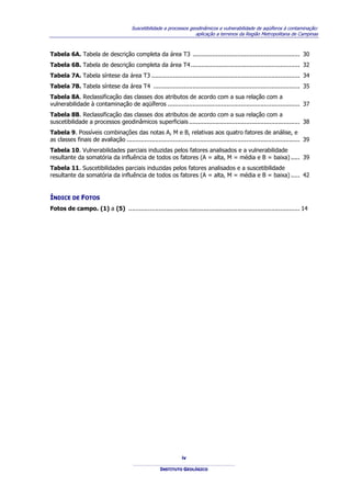 Suscetibilidade a processos geodinâmicos e vulnerabilidade de aqüíferos à contaminação:
                                                                       aplicação a terrenos da Região Metropolitana de Campinas



Tabela 6A. Tabela de descrição completa da área T3 ............................................................ 30
Tabela 6B. Tabela de descrição completa da área T4 ............................................................. 32
Tabela 7A. Tabela síntese da área T3 ................................................................................... 34
Tabela 7B. Tabela síntese da área T4 .................................................................................. 35
Tabela 8A. Reclassificação das classes dos atributos de acordo com a sua relação com a
vulnerabilidade à contaminação de aqüíferos .......................................................................... 37
Tabela 8B. Reclassificação das classes dos atributos de acordo com a sua relação com a
suscetibilidade a processos geodinâmicos superficiais .............................................................. 38
Tabela 9. Possíveis combinações das notas A, M e B, relativas aos quatro fatores de análise, e
as classes finais de avaliação ................................................................................................. 39
Tabela 10. Vulnerabilidades parciais induzidas pelos fatores analisados e a vulnerabilidade
resultante da somatória da influência de todos os fatores (A = alta, M = média e B = baixa) ..... 39
Tabela 11. Suscetibilidades parciais induzidas pelos fatores analisados e a suscetibilidade
resultante da somatória da influência de todos os fatores (A = alta, M = média e B = baixa) ..... 42


ÍNDICE DE FOTOS
Fotos de campo. (1) a (5) ................................................................................................ 14




                                                                  iv

                                                       INSTITUTO GEOLÓGICO
 