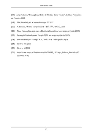 Redes de Baixa Tensão
82
[18] Jorge Antunes, “Conceção de Redes de Média e Baixa Tensão”, Instituto Politécnico
de Coimbra, 2012
[19] EDP Distribuição, “Caderno Encargos EC2015”
[20] A.Teixeira, “Norma Europeia de IP – EN13201,” DEEC, 2013
[21] Plano Nacional de Ação para a Eficiência Energética, www.pnaee.pt (Maio 2017)
[22] Estratégia Nacional para a Energia 2020, www.apren.pt (Maio 2017)
[23] EDP Distribuição – Energia S.A., “GeoAct IP” www.geoact.edp.pt
[24] Diretiva 245/2009
[25] Diretiva 65/2011
[26] https://www.hager.pt/files/download/0/268035_1/0/Hager_Folheto_Fusiveis.pdf
(Outubro 2016)
 