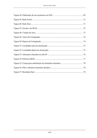 Redes de Baixa Tensão
xvii
Figura 44: Elaboração de um orçamento em SAP............................................................... 69
Figura 45: Rede inicial ........................................................................................................ 71
Figura 46: Rede final........................................................................................................... 71
Figura 47: Interface do SGAI.............................................................................................. 72
Figura 48: 5 regras de ouro.................................................................................................. 73
Figura 49: Antes da Consignação........................................................................................ 74
Figura 50: Depois da Consignação...................................................................................... 74
Figura 51: Localidade antes da atualização......................................................................... 75
Figura 52: Localidade depois da atualização....................................................................... 75
Figura 53: Alterações efetuadas na rede IP ......................................................................... 76
Figura 54: Software QGIS................................................................................................... 77
Figura 55: Croqui para substituição de luminárias obsoletas.............................................. 78
Figura 56: PSE a substituir luminária obsoleta ................................................................... 78
Figura 57: Resultado final ................................................................................................... 78
 