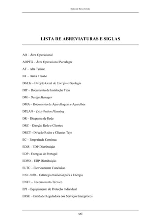Redes de Baixa Tensão
xxi
LISTA DE ABREVIATURAS E SIGLAS
AO – Área Operacional
AOPTG – Área Operacional Portalegre
AT – Alta Tensão
BT – Baixa Tensão
DGEG – Direção Geral de Energia e Geologia
DIT – Documento de Instalação Tipo
DM – Design Manager
DMA – Documento de Aparelhagem e Aparelhos
DPLAN – Distribution Planning
DR – Diagrama de Rede
DRC – Direção Rede e Clientes
DRCT - Direção Redes e Clientes Tejo
EC – Empreitada Contínua
EDIS – EDP Distribuição
EDP - Energias de Portugal
EDPD – EDP Distribuição
ELTC – Eletricamente Concluído
ENE 2020 – Estratégia Nacional para a Energia
ENTE – Encerramento Técnico
EPI – Equipamento de Proteção Individual
ERSE – Entidade Reguladora dos Serviços Energéticos
 