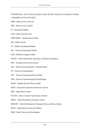 Redes de Baixa Tensão
xxii
GTRABTCIAF - Guia Técnico de Redes Aéreas de Baixa Tensão em Condutores Isolados
e Agrupados em Feixe (Torçada)
HPM - High Pressure Mercury
HPS - High Pressure Sodium
IP - Iluminação Pública
LED - Light Emitting Diode
MOD REDE – Modificação de Rede
MT - Média Tensão
PI – Pedido de Indisponibilidade
PIP – Ponto de Iluminação Pública
PLR - Pedido de Ligação à Rede
PNAEE – Plano Nacional de Ação para a Eficiência Energética
PSE – Prestador de Serviços Externo
PST – Posto de Seccionamento e Transformação
PT – Posto de Transformação
PTC – Posto de Transformação de Cliente
PTD – Posto de Transformação de Distribuição
QGBT – Quadro Geral de Baixa Tensão
QGIS - Geographic Quantum Information System
RBT – Rede Baixa Tensão
RCTER – Rede e Clientes Tejo Estudos de Rede
RDBT – Rede Distribuição em Baixa Tensão
RDEEBT – Rede Distribuição de Energia Elétrica em Baixa Tensão
RESP – Rede Elétrica de Serviço Público
RND – Rede Nacional de Distribuição
 