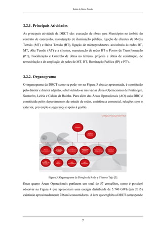 Redes de Baixa Tensão
7
2.2.1. Principais Atividades
As principais atividade da DRCT são: execução de obras para Municípios no âmbito do
contrato de concessão, manutenção de iluminação pública, ligação de clientes de Média
Tensão (MT) e Baixa Tensão (BT), ligação de microprodutores, assistência às redes BT,
MT, Alta Tensão (AT) e a clientes, manutenção de redes BT e Postos de Transformação
(PT), Fiscalização e Controlo de obras no terreno, projetos e obras de construção, de
remodelação e de ampliação de redes de MT, BT, Iluminação Pública (IP) e PT’s.
2.2.2. Organograma
O organograma da DRCT como se pode ver na Figura 3 abaixo apresentada, é constituído
pelo diretor e diretor adjunto, subdividindo-se nas várias Áreas Operacionais de Portalegre,
Santarém, Leiria e Caldas da Rainha. Para além das Áreas Operacionais (AO) cada DRC é
constituída pelos departamentos de estudo de redes, assistência comercial, relações com o
exterior, prevenção e segurança e apoio à gestão.
Figura 3: Organograma da Direção de Rede e Clientes Tejo [5]
Estas quatro Áreas Operacionais perfazem um total de 57 concelhos, como é possível
observar na Figura 4 que apresentam uma energia distribuída de 5.740 GWh (em 2015)
existindo aproximadamente 786 mil consumidores. A área que engloba a DRCT corresponde
 