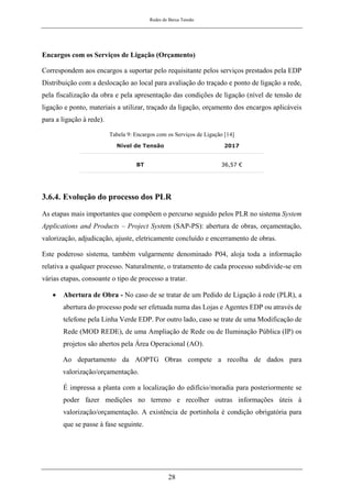 Redes de Baixa Tensão
28
Encargos com os Serviços de Ligação (Orçamento)
Correspondem aos encargos a suportar pelo requisitante pelos serviços prestados pela EDP
Distribuição com a deslocação ao local para avaliação do traçado e ponto de ligação a rede,
pela fiscalização da obra e pela apresentação das condições de ligação (nível de tensão de
ligação e ponto, materiais a utilizar, traçado da ligação, orçamento dos encargos aplicáveis
para a ligação à rede).
Tabela 9: Encargos com os Serviços de Ligação [14]
Nível de Tensão 2017
BT 36,57 €
3.6.4. Evolução do processo dos PLR
As etapas mais importantes que compõem o percurso seguido pelos PLR no sistema System
Applications and Products – Project System (SAP-PS): abertura de obras, orçamentação,
valorização, adjudicação, ajuste, eletricamente concluído e encerramento de obras.
Este poderoso sistema, também vulgarmente denominado P04, aloja toda a informação
relativa a qualquer processo. Naturalmente, o tratamento de cada processo subdivide-se em
várias etapas, consoante o tipo de processo a tratar.
• Abertura de Obra - No caso de se tratar de um Pedido de Ligação à rede (PLR), a
abertura do processo pode ser efetuada numa das Lojas e Agentes EDP ou através de
telefone pela Linha Verde EDP. Por outro lado, caso se trate de uma Modificação de
Rede (MOD REDE), de uma Ampliação de Rede ou de Iluminação Pública (IP) os
projetos são abertos pela Área Operacional (AO).
Ao departamento da AOPTG Obras compete a recolha de dados para
valorização/orçamentação.
É impressa a planta com a localização do edifício/moradia para posteriormente se
poder fazer medições no terreno e recolher outras informações úteis à
valorização/orçamentação. A existência de portinhola é condição obrigatória para
que se passe à fase seguinte.
 