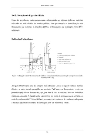 Redes de Baixa Tensão
32
3.6.5. Soluções de Ligação á Rede
Estas são as soluções mais comuns para a alimentação aos clientes, todos os materiais
colocados na rede elétrica de serviço publico, têm que cumprir as especificações dos
Documentos de Materiais e Aparelhos (DMA) e Documentos de Instalações Tipo (DIT)
aplicáveis.
Habitações Unifamiliares:
Figura 18: Ligação a partir de rede aérea de edifícios com uma instalação de utilização com poste encostado
ou intercalado [10]
A Figura 18 representa uma das soluções mais adotadas. Coloca-se o poste junto ao muro do
cliente e o cabo torçada protegido por um tubo PVC desce ao longo deste, e entra na
portinhola (B) através do tubo (H), que, por estar à vista e acessível, deve ter resistência
mecânica adequada. A ligação entre a portinhola e a caixa de contagem deve ser feita por
meio de condutores H07V-R ou H07V-U, com a secção e o número de condutores adequados
à potência de dimensionamento da instalação, com um mínimo de 6 mm2
.
 