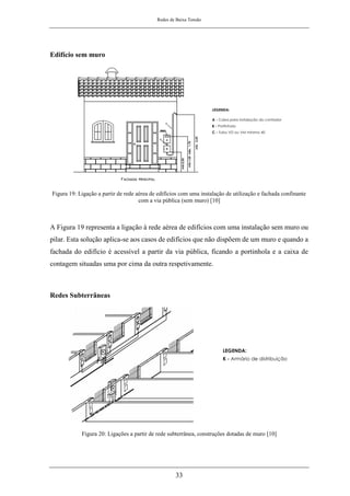 Redes de Baixa Tensão
33
Edifício sem muro
Figura 19: Ligação a partir de rede aérea de edifícios com uma instalação de utilização e fachada confinante
com a via pública (sem muro) [10]
A Figura 19 representa a ligação à rede aérea de edifícios com uma instalação sem muro ou
pilar. Esta solução aplica-se aos casos de edifícios que não dispõem de um muro e quando a
fachada do edifício é acessível a partir da via pública, ficando a portinhola e a caixa de
contagem situadas uma por cima da outra respetivamente.
Redes Subterrâneas
Figura 20: Ligações a partir de rede subterrânea, construções dotadas de muro [10]
 