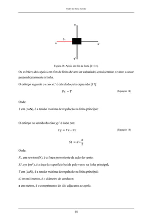 Redes de Baixa Tensão
48
Figura 28: Apoio em fim de linha [17,18].
Os esforços dos apoios em fim de linha devem ser calculados considerando o vento a atuar
perpendicularmente à linha.
O esforço segundo o eixo xx’ é calculado pela expressão [17]:
𝐹𝑥 = 𝑇 (Equação 14)
Onde:
T em (daN), é a tensão máxima de regulação na linha principal;
O esforço no sentido do eixo yy’ é dado por:
𝐹𝑦 = 𝐹𝑣 ∗ 𝑆1 (Equação 15)
𝑆1 = 𝑑 ∗
𝑎
2
Onde:
Fv, em newtons(N), é a força proveniente da ação do vento;
S1, em (𝑚2
), é a área da superfície batida pelo vento na linha principal;
T em (daN), é a tensão máxima de regulação na linha principal;
d, em milímetros, é o diâmetro do condutor;
a em metros, é o comprimento do vão adjacente ao apoio.
 