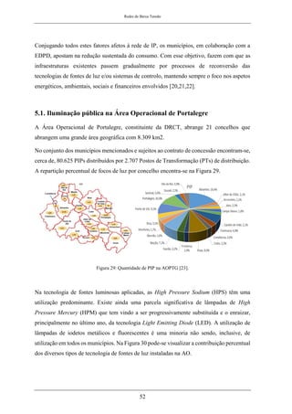 Redes de Baixa Tensão
52
Conjugando todos estes fatores afetos à rede de IP, os municípios, em colaboração com a
EDPD, apostam na redução sustentada do consumo. Com esse objetivo, fazem com que as
infraestruturas existentes passem gradualmente por processos de reconversão das
tecnologias de fontes de luz e/ou sistemas de controlo, mantendo sempre o foco nos aspetos
energéticos, ambientais, sociais e financeiros envolvidos [20,21,22].
5.1. Iluminação pública na Área Operacional de Portalegre
A Área Operacional de Portalegre, constituinte da DRCT, abrange 21 concelhos que
abrangem uma grande área geográfica com 8.309 km2.
No conjunto dos municípios mencionados e sujeitos ao contrato de concessão encontram-se,
cerca de, 80.625 PIPs distribuídos por 2.707 Postos de Transformação (PTs) de distribuição.
A repartição percentual de focos de luz por concelho encontra-se na Figura 29.
Figura 29: Quantidade de PIP na AOPTG [23].
Na tecnologia de fontes luminosas aplicadas, as High Pressure Sodium (HPS) têm uma
utilização predominante. Existe ainda uma parcela significativa de lâmpadas de High
Pressure Mercury (HPM) que tem vindo a ser progressivamente substituída e o enraizar,
principalmente no último ano, da tecnologia Light Emitting Diode (LED). A utilização de
lâmpadas de iodetos metálicos e fluorescentes é uma minoria não sendo, inclusive, de
utilização em todos os municípios. Na Figura 30 pode-se visualizar a contribuição percentual
dos diversos tipos de tecnologia de fontes de luz instaladas na AO.
 