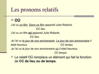 Les pronoms relatifs
 OÙ
J’ai vu un film. Dans ce film apparaît Julia Roberts.
CC lieu
J’ai vu un film où apparaît Julia Roberts.
CC lieu
Je l’ai vu le jour de son anniversaire. Le jour de son anniversaire il
était heureux. CC temps
Je l’ai vu le jour de son anniversaire où il était heureux.
CC temps
 Le relatif OÙ remplace un élément qui fait la fonction
de CC de lieu ou de temps.
 