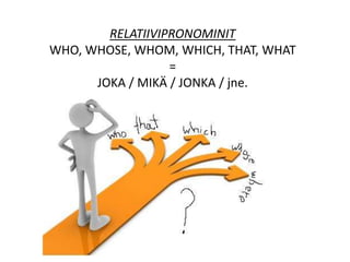 RELATIIVIPRONOMINIT 
WHO, WHOSE, WHOM, WHICH, THAT, WHAT 
= 
JOKA / MIKÄ / JONKA / jne. 
 