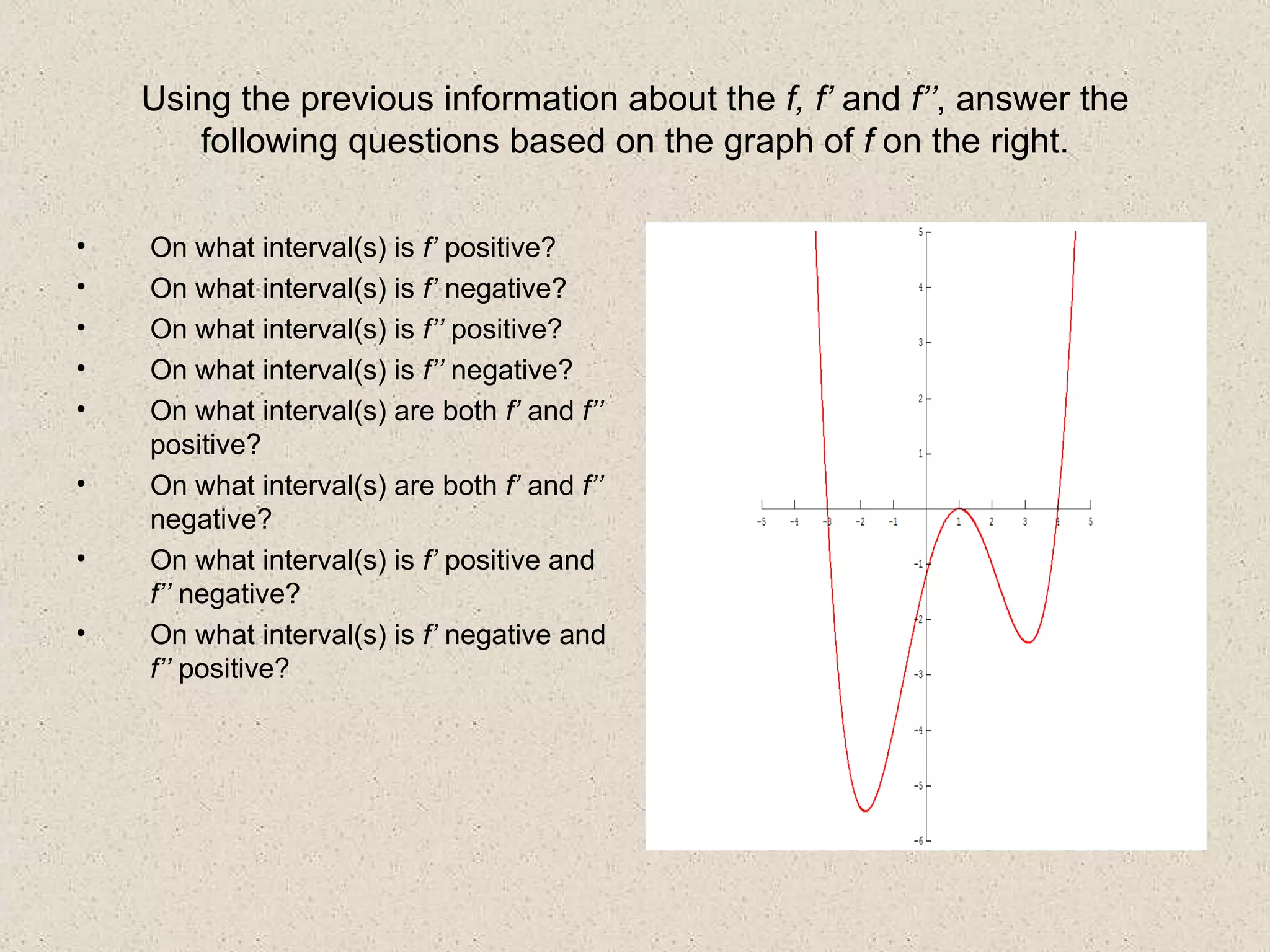 Using the previous information about the  f, f’  and  f’’ , answer the following questions based on the graph of  f  on the right. On what interval(s) is  f’  positive? On what interval(s) is  f’  negative? On what interval(s) is  f’’  positive? On what interval(s) is  f’’  negative? On what interval(s) are both  f’  and  f’’  positive? On what interval(s) are both  f’  and  f’’  negative? On what interval(s) is  f’  positive and  f’’  negative? On what interval(s) is  f’  negative and  f’’  positive? 