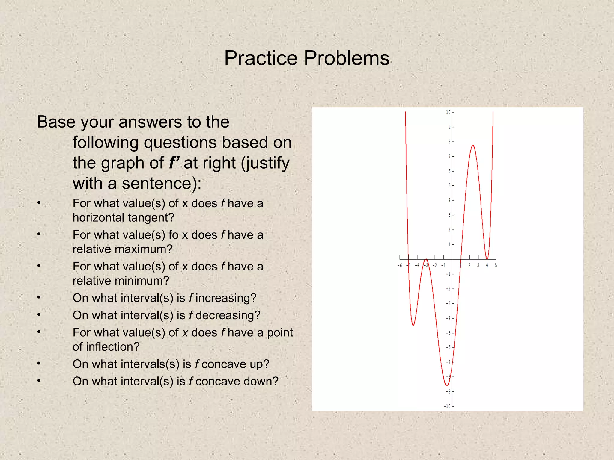Practice Problems Base your answers to the following questions based on the graph of  f’  at right (justify with a sentence): For what value(s) of x does  f  have a horizontal tangent? For what value(s) fo x does  f  have a relative maximum? For what value(s) of x does  f  have a relative minimum? On what interval(s) is  f  increasing? On what interval(s) is  f  decreasing? For what value(s) of  x  does  f  have a point of inflection? On what intervals(s) is  f  concave up? On what interval(s) is  f  concave down? 
