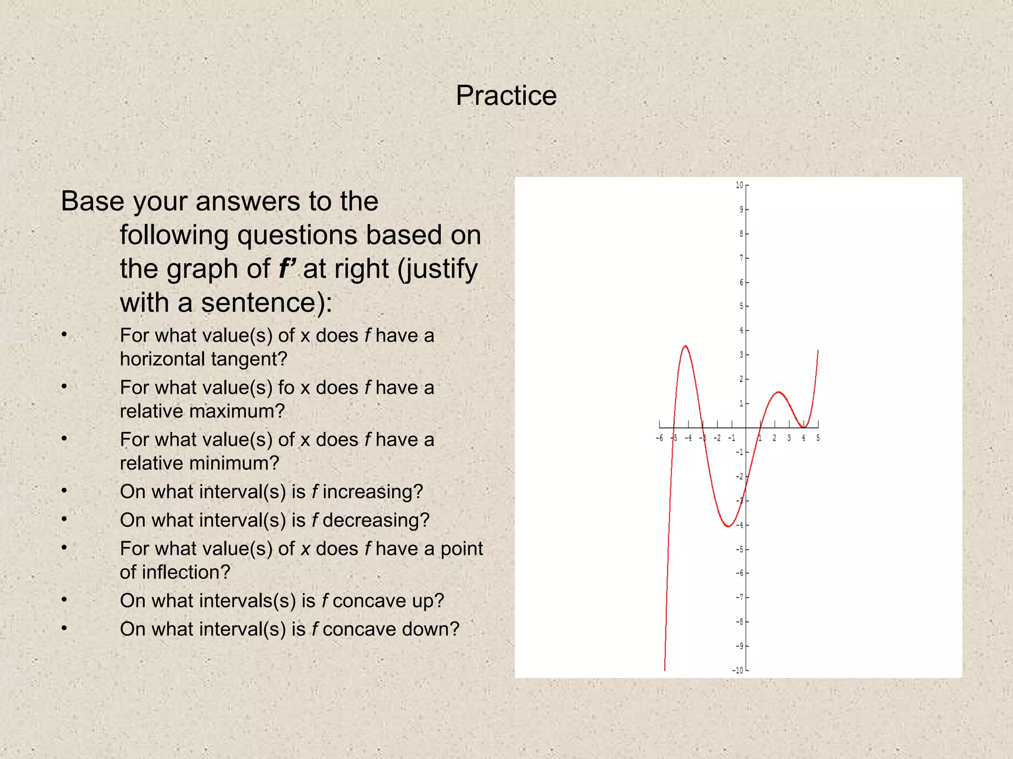 Practice Base your answers to the following questions based on the graph of  f’  at right (justify with a sentence): For what value(s) of x does  f  have a horizontal tangent? For what value(s) fo x does  f  have a relative maximum? For what value(s) of x does  f  have a relative minimum? On what interval(s) is  f  increasing? On what interval(s) is  f  decreasing? For what value(s) of  x  does  f  have a point of inflection? On what intervals(s) is  f  concave up? On what interval(s) is  f  concave down? 