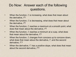 Do Now:  Answer each of the following questions. When the function,  f , is increasing, what does that mean about the derivative,  f’ ? When the function,  f,  is decreasing, what does that mean about the derivative,  f’ ? When the function,  f , reaches a maximum at a smooth point, what does that mean about the derivative,  f’ ? When the function,  f , reaches a minimum at a cusp, what does that mean about the derivative,  f’? When the function,  f , changes from concave up to concave down, what does that mean about the derivative,  f’ , and the second derivative,  f’’? When the derivative,  f’ , has a positive slope, what does that mean about the second derivative,  f’’ ? 