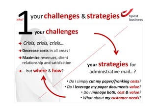 Why?
           your challenges & strategies

             your challenges

       Crisis, crisis, crisis…
   Decrease costs in all areas !
   Maximize revenues, client
   relationship and satisfaction
                                              your strategies for
   … but where & how?                          administrative mail…?
                                   • Do I simply cut my paper/franking costs?
                                 • Do I leverage my paper documents value?
                                            • Do I manage both, cost & value?
                                            • What about my customer needs?
 