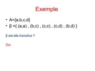 Exemple   A={a,b,c,d} β  ={ (a,a) , (b,c) , (c,c) , (c,d) , (b,d) } β  est-elle  transitive ? Oui  