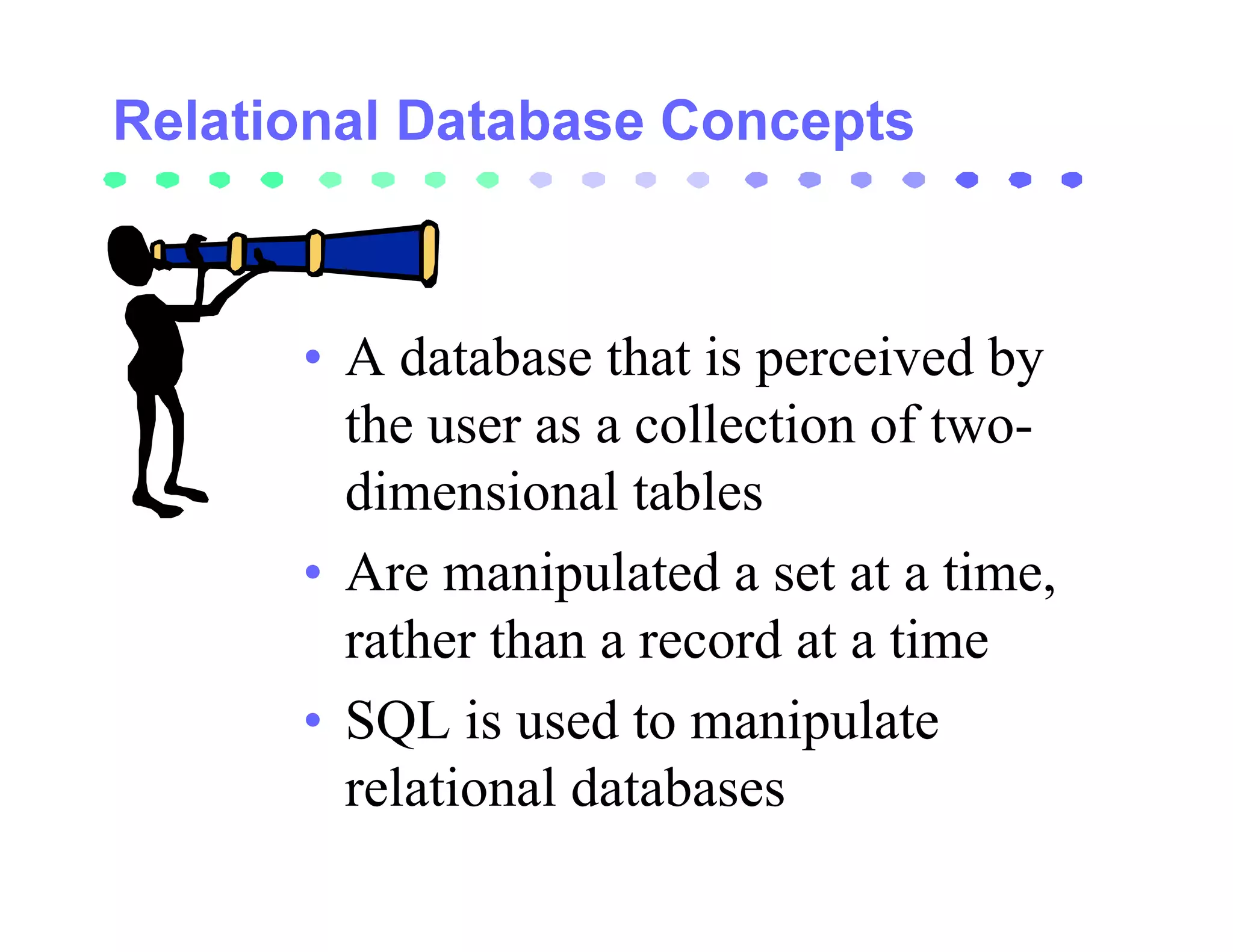 • A database that is perceived by
  the user as a collection of two-
  dimensional tables
• Are manipulated a set at a time,
  rather than a record at a time
• SQL is used to manipulate
  relational databases
 